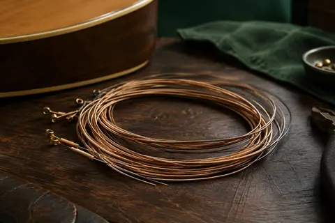 Jeu de cordes acoustiques en bronze 80/20 disposé sur un établi en bois sombre