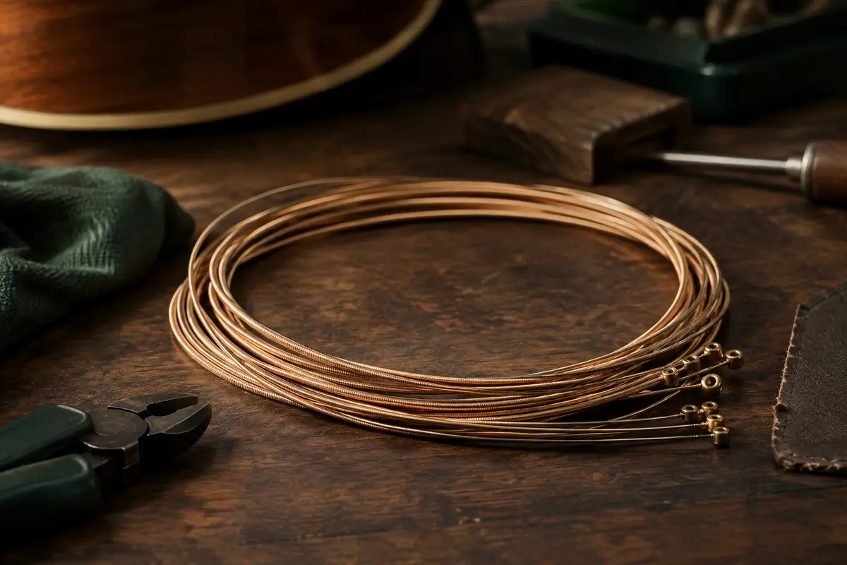 Cordes acoustiques aux reflets bronze disposées sur un établi en bois sombre, dans une lumière douce.