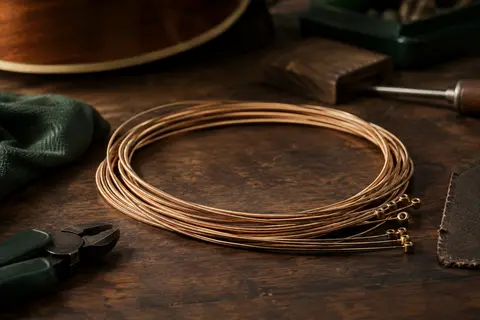 Cordes acoustiques aux reflets bronze disposées sur un établi en bois sombre, dans une lumière douce.