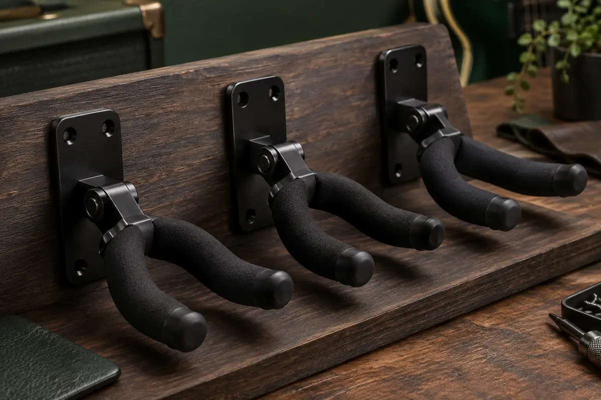 Trois crochets muraux noirs pour guitare, avec bras en U profond et revêtement de contact souple en EVA.