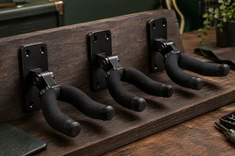 Trois crochets muraux noirs pour guitare, avec bras en U profond et revêtement de contact souple en EVA.