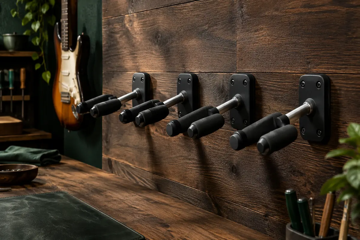 Quatre supports muraux noirs pour guitare, avec berceaux rembourrés et crochets orientables
