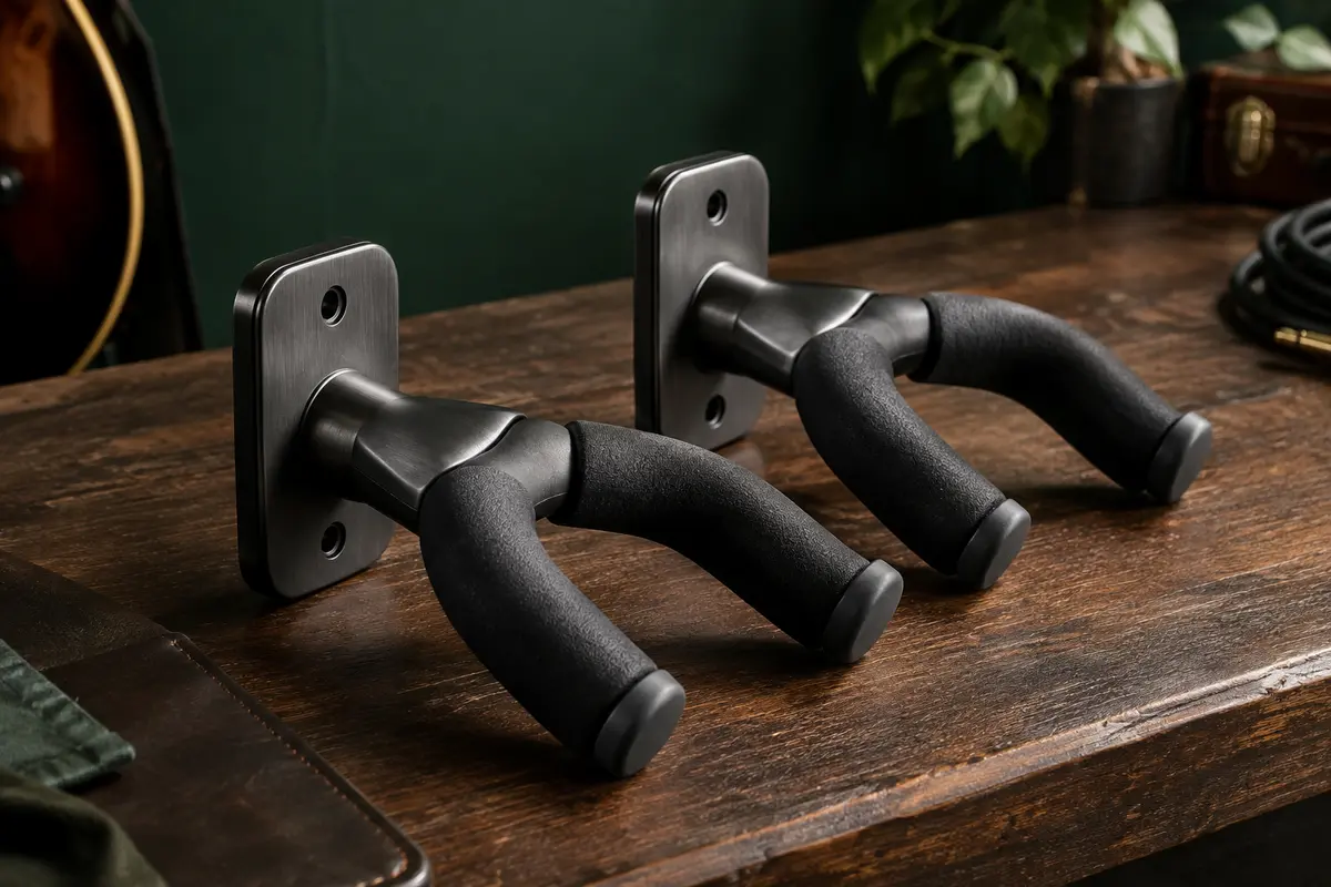 Deux supports muraux en acier avec manchons en EVA posés sur un établi en bois sombre