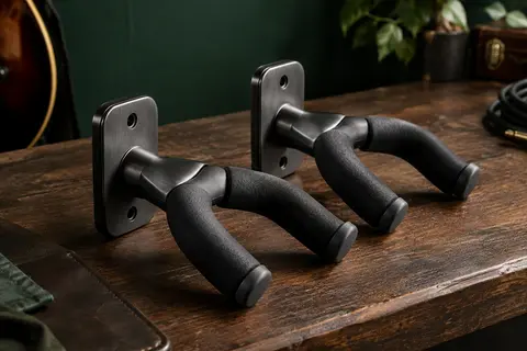 Deux supports muraux en acier avec manchons en EVA posés sur un établi en bois sombre