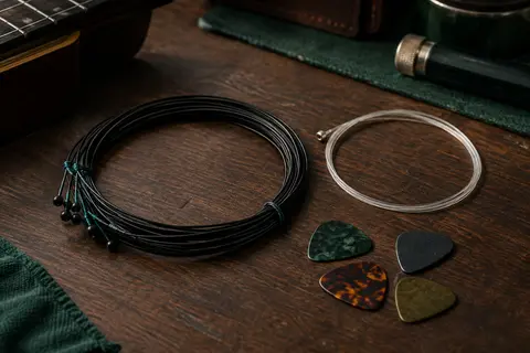 Cordes en nylon noires pour guitare classique, corde de mi aiguë de rechange et médiators sur un établi
