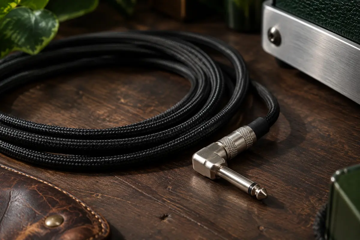 Câble jack noir tressé de 3 m avec connecteur coudé, disposé sur un établi en bois sombre