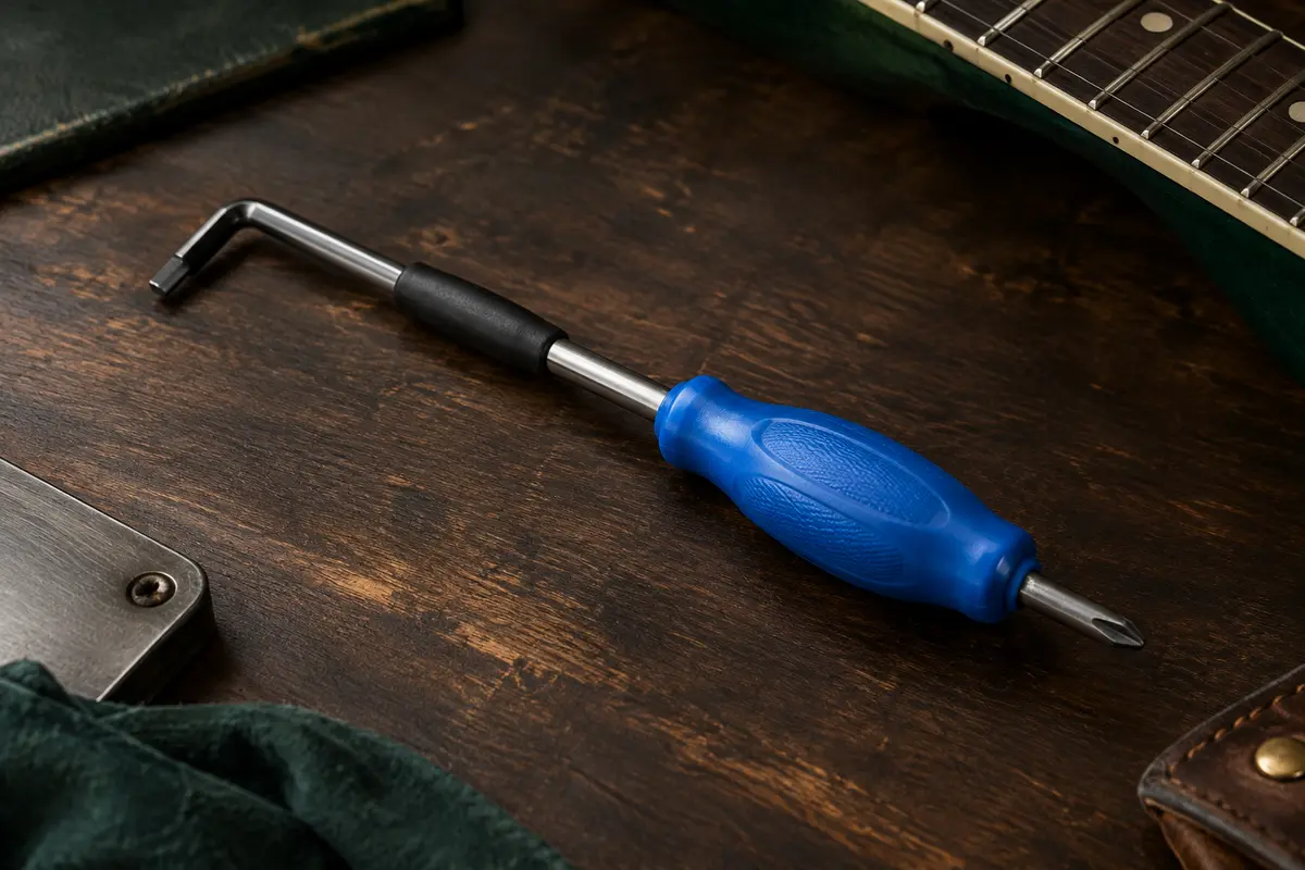 Clé de truss rod Music Nomad bleue avec gaine protectrice et tournevis magnétique, posée sur un établi.