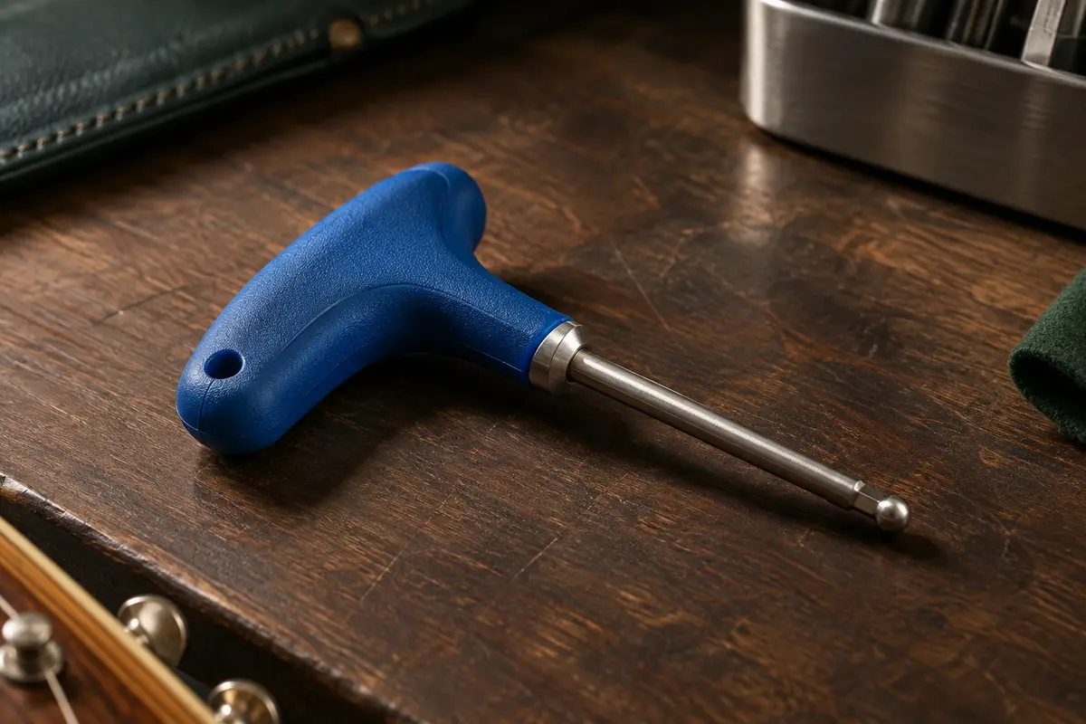 Clé Music Nomad bleue de 5 mm à embout à bille posée sur un établi en bois sombre.