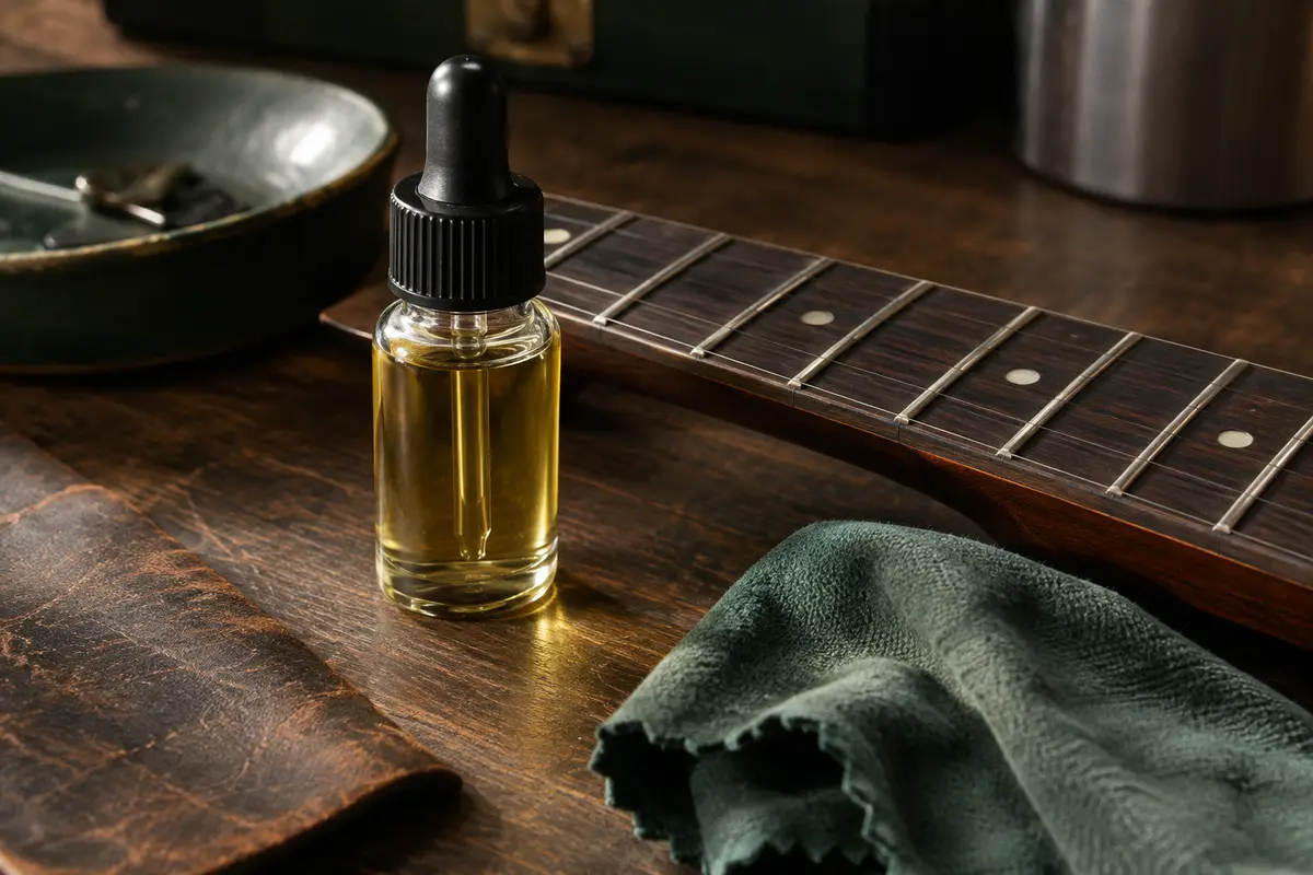 Flacon d’huile d’entretien près d’une touche en bois et d’un chiffon sur un établi de guitare.