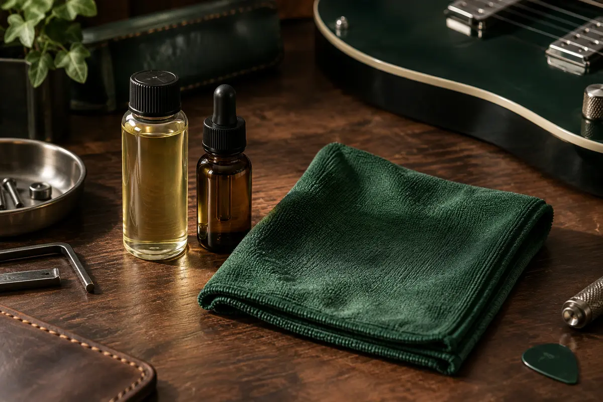 Kit d’entretien pour guitare avec deux flacons de soin et un chiffon microfibre sur un établi en bois sombre.