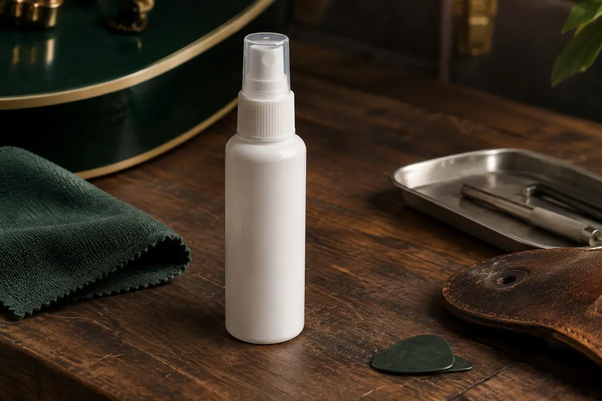 Flacon pulvérisateur blanc de polish pour guitare posé sur un établi en bois sombre.