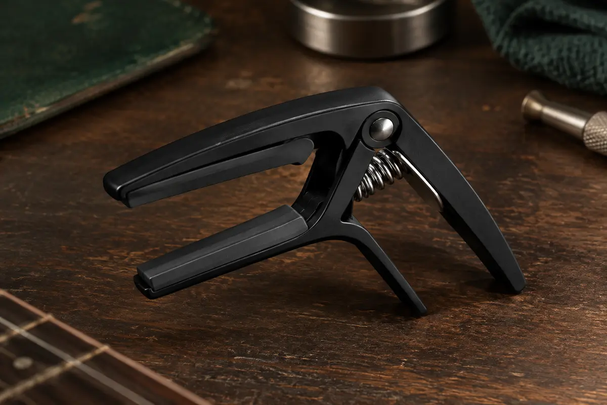 Capodastre noir à ressort en aluminium avec coussinets en silicone posé sur un établi en bois sombre