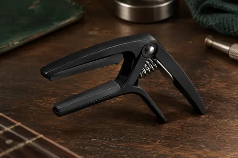 Capodastre noir à ressort en aluminium avec coussinets en silicone posé sur un établi en bois sombre