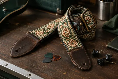 Sangle de guitare brodée avec extrémités en cuir, pochette à médiators et accessoires sur un établi.