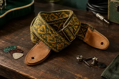 Sangle de guitare jacquard vintage jaune kaki avec embouts en cuir et médiators sur un établi
