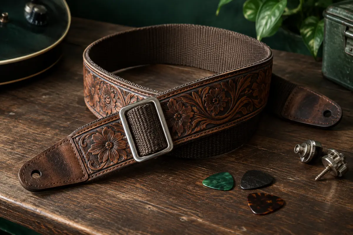 Sangle de guitare marron à motif floral vintage, posée sur un établi en bois sombre avec ses attaches.