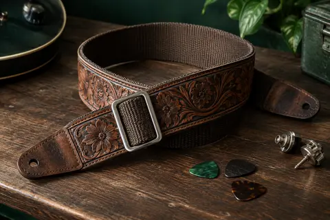 Sangle de guitare marron à motif floral vintage, posée sur un établi en bois sombre avec ses attaches.