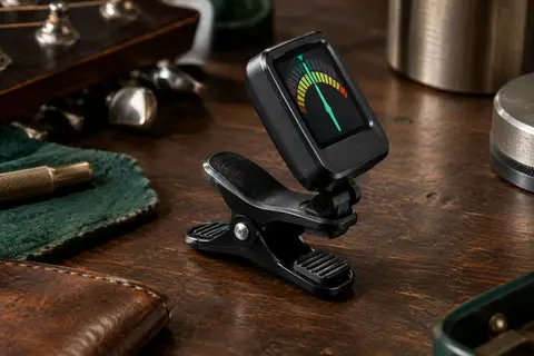 Accordeur à clip noir New Bee avec écran couleur orientable posé sur un établi en bois sombre