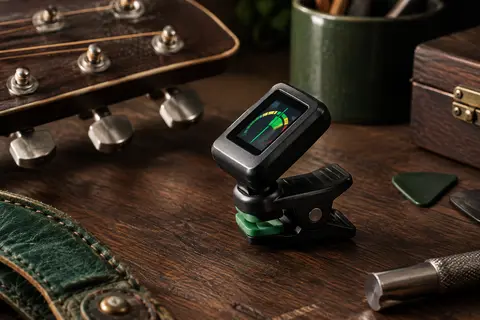 Accordeur à pince noir avec écran LCD orientable, posé sur un établi de musicien en bois sombre.