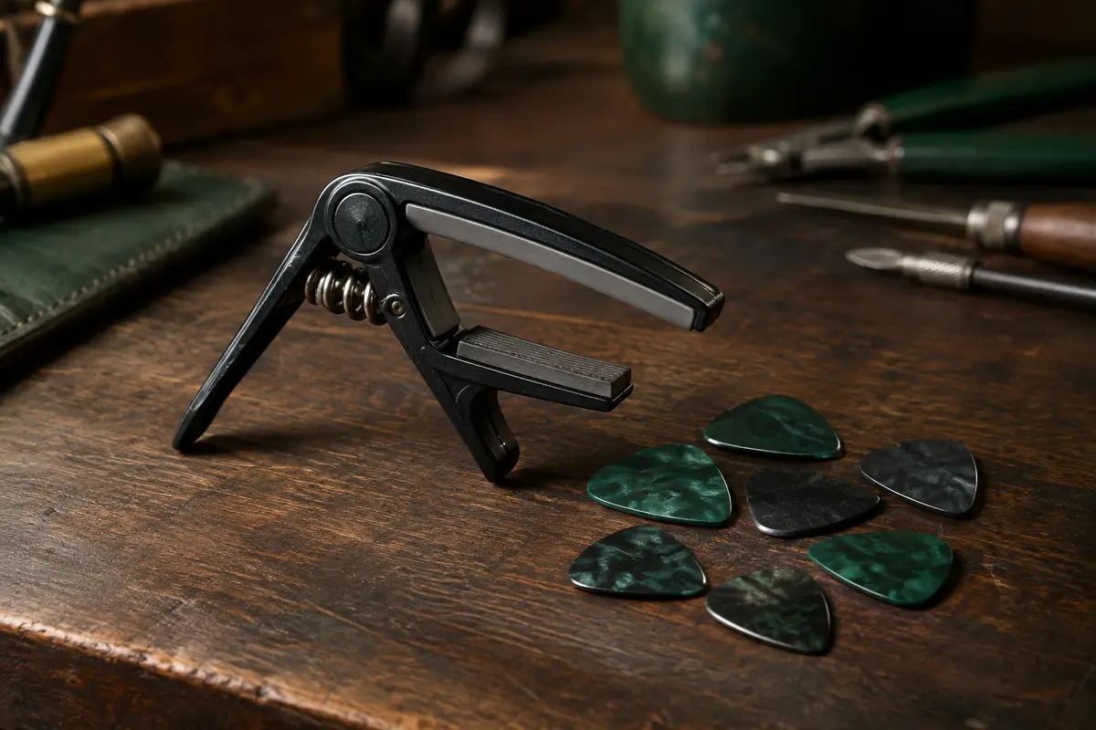 Capodastre noir à pince avec coussinet en silicone et six médiators sur un établi en bois sombre