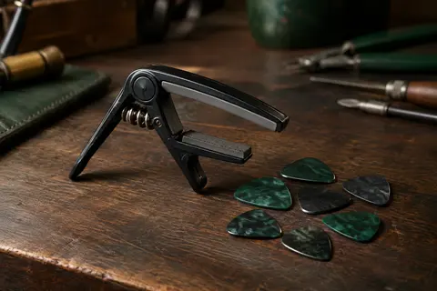 Capodastre noir à pince avec coussinet en silicone et six médiators sur un établi en bois sombre