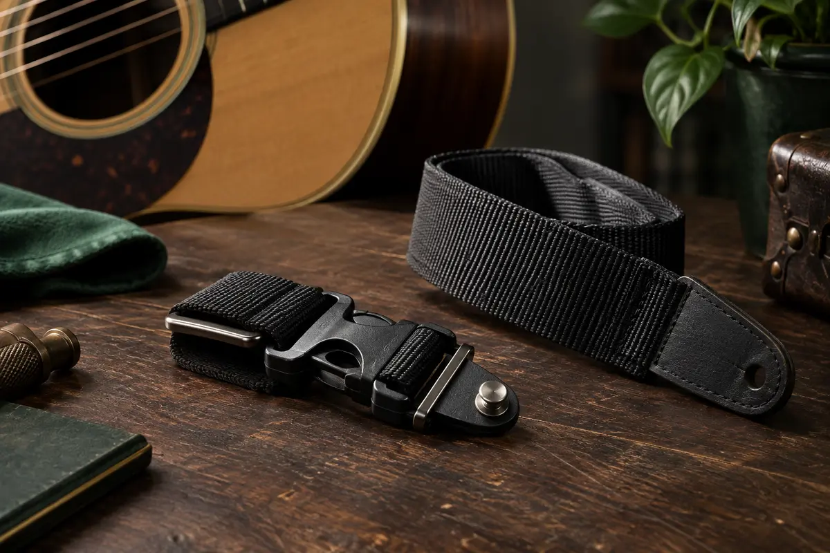 Système Quick-Release noir en nylon posé sur un établi près d’une guitare acoustique