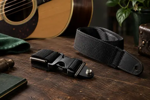 Système Quick-Release noir en nylon posé sur un établi près d’une guitare acoustique