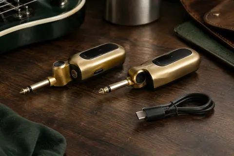 Système sans fil doré pour guitare et basse posé sur un établi sombre avec un câble USB-C