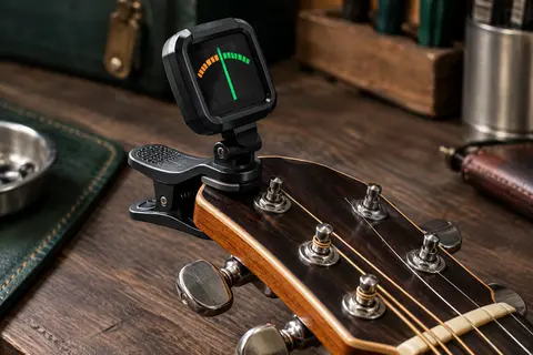 Accordeur Rayzm à pince fixé sur la tête d’une guitare, avec écran orientable et clip rembourré