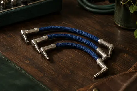 Trois câbles patch bleus à fiches coudées, posés sur un établi en bois sombre