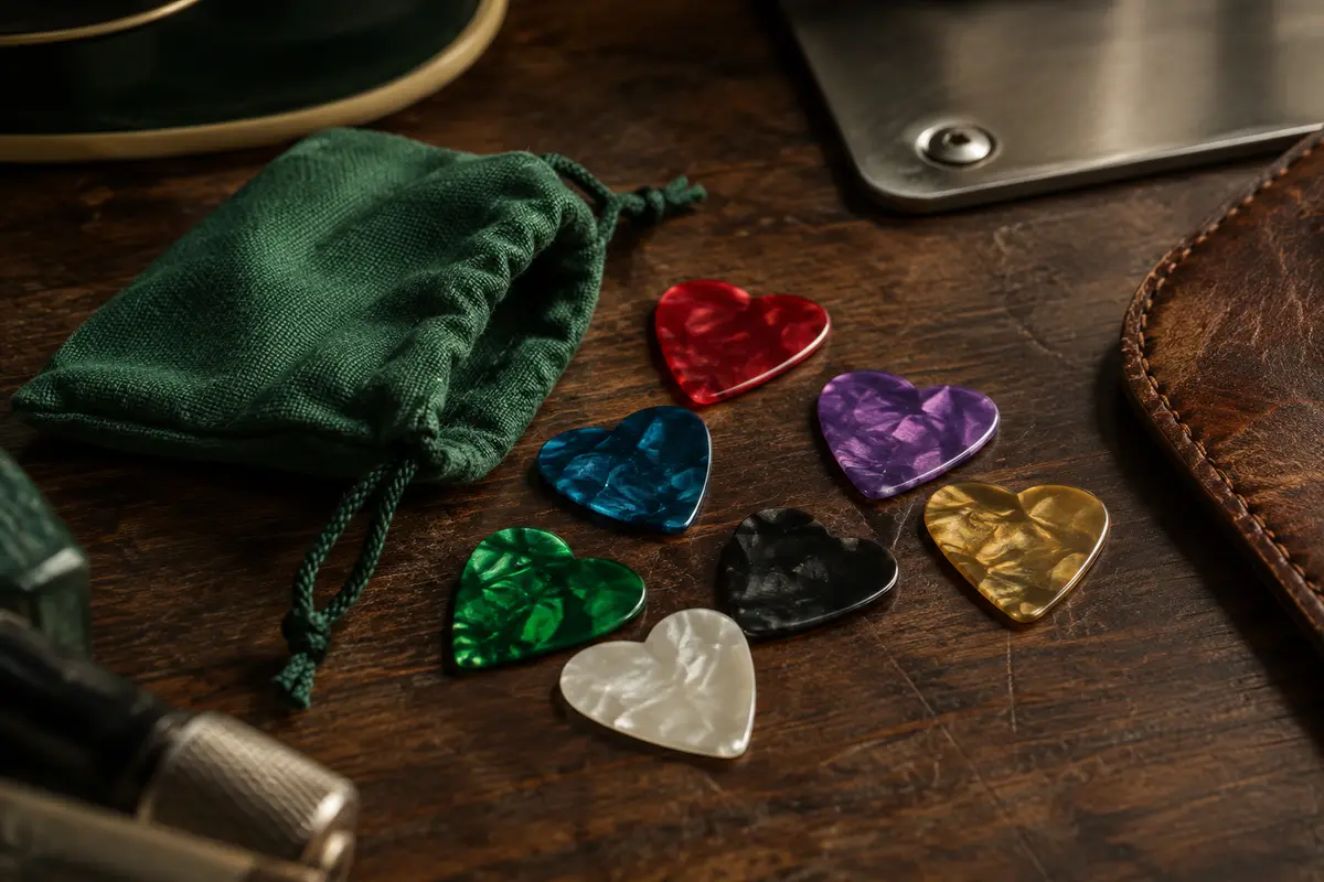 Médiators colorés en celluloïd disposés avec leur étui en tissu sur un établi de musicien.