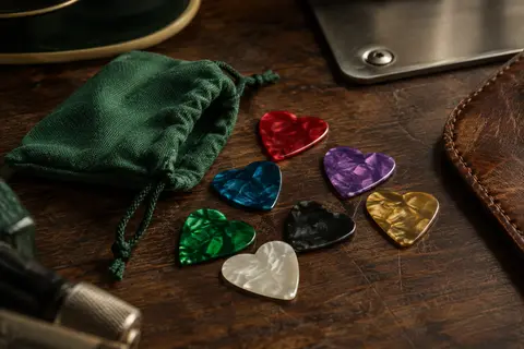 Médiators colorés en celluloïd disposés avec leur étui en tissu sur un établi de musicien.