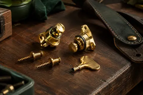 Paire de verrous de sangle métalliques dorés avec clé, présentés sur un établi en bois sombre
