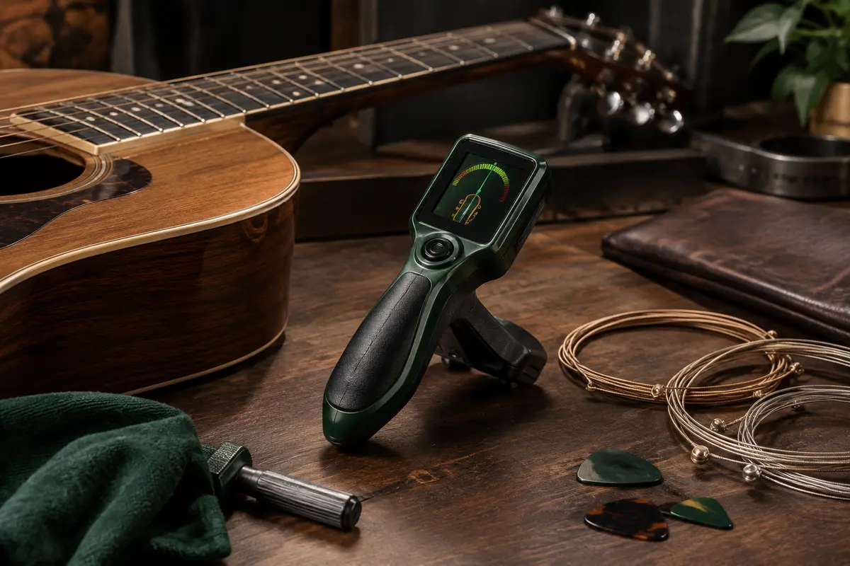 Accordeur automatique Roadie 3 posé sur un établi de musicien, avec son écran couleur visible près d’une guitare.