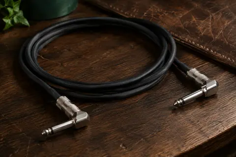 Câble patch noir Roland d’un mètre à deux connecteurs jack 6,3 mm coudés, posé sur un établi en bois.