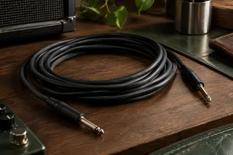 Câble d’instrument noir Roland de 3 m avec connecteurs jack, posé en boucles sur un établi en bois sombre.