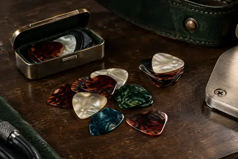 Médiators de guitare en celluloïd de plusieurs teintes, accompagnés de leur boîte de rangement