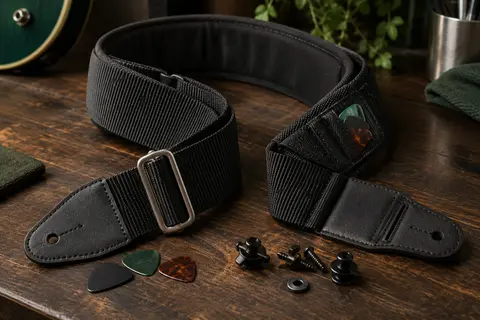 Sangle de guitare noire en coton rembourré avec poches à médiators, posée sur un établi en bois sombre.