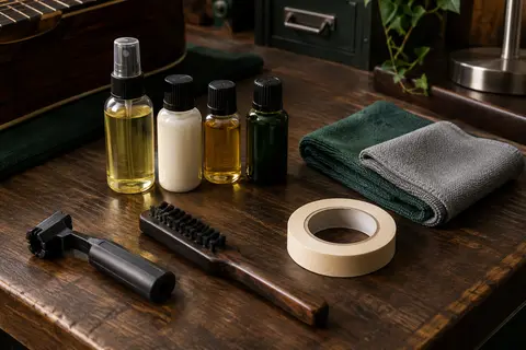 Kit d’entretien pour guitare avec flacons de soin, brosse à cordes, enrouleur, ruban et chiffons sur un établi.