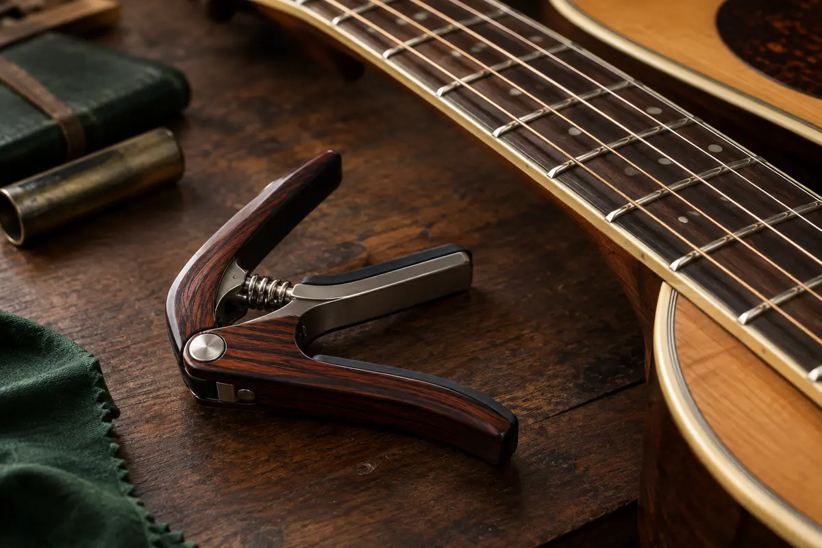 Capodastre à pince en métal et silicone posé près du manche d’une guitare acoustique folk