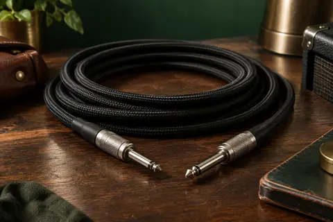 Câble de guitare noir tressé de 3 m avec ses deux connecteurs jack droits posés sur un établi