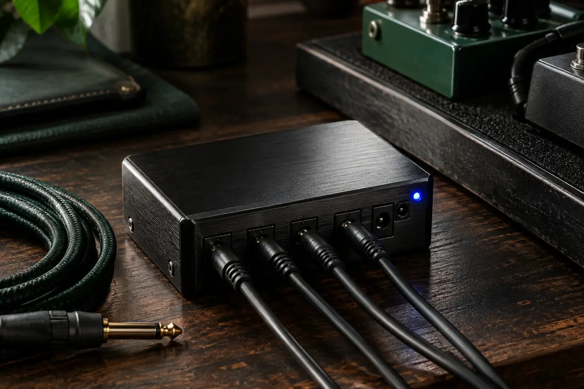 Alimentation noire pour pédalier avec sorties DC et voyant LED bleu, posée sur un établi en bois sombre.