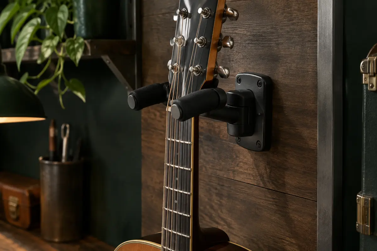 Support mural noir à bras rembourrés tenant une guitare sur un panneau de bois sombre