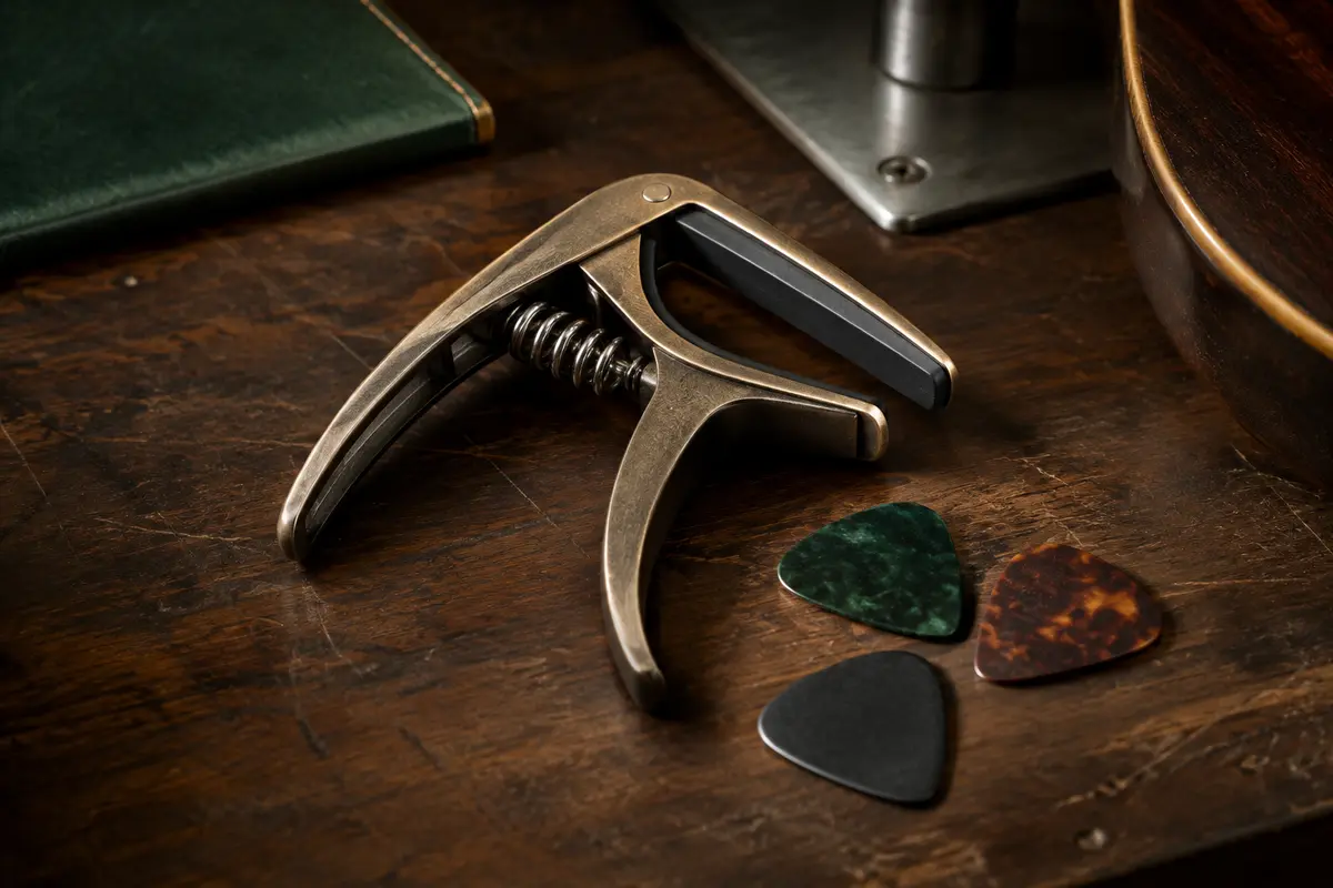 Capodastre Takit en zinc bronze avec pad en silicone et trois médiators sur un établi sombre.