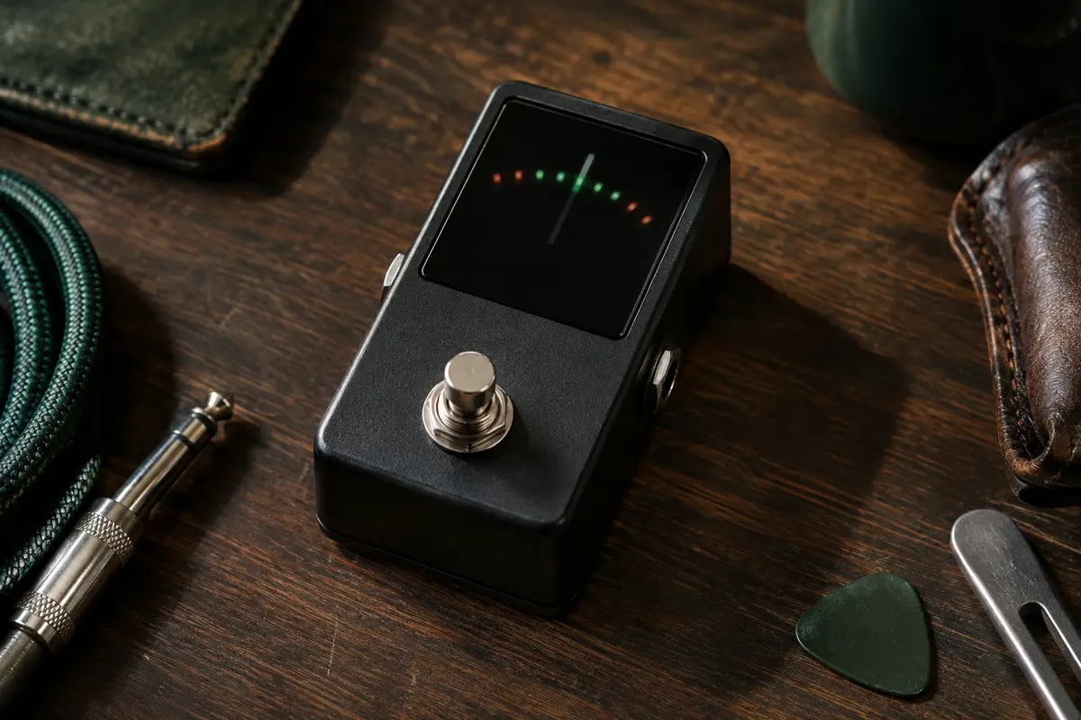 Accordeur polyphonique noir au format pédale posé sur un établi de musicien en bois sombre.