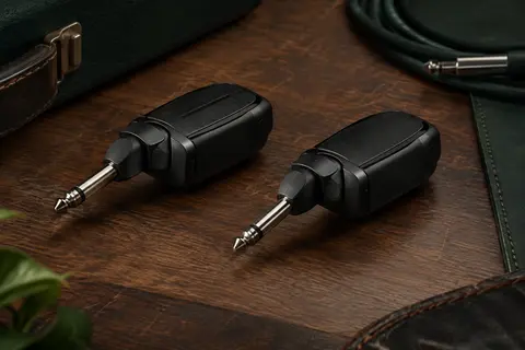 Deux modules noirs de système sans fil pour guitare posés sur un établi en bois sombre.