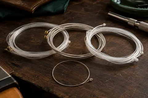 Trois jeux de cordes nylon pour guitare classique et une corde supplémentaire sur un établi en bois sombre.