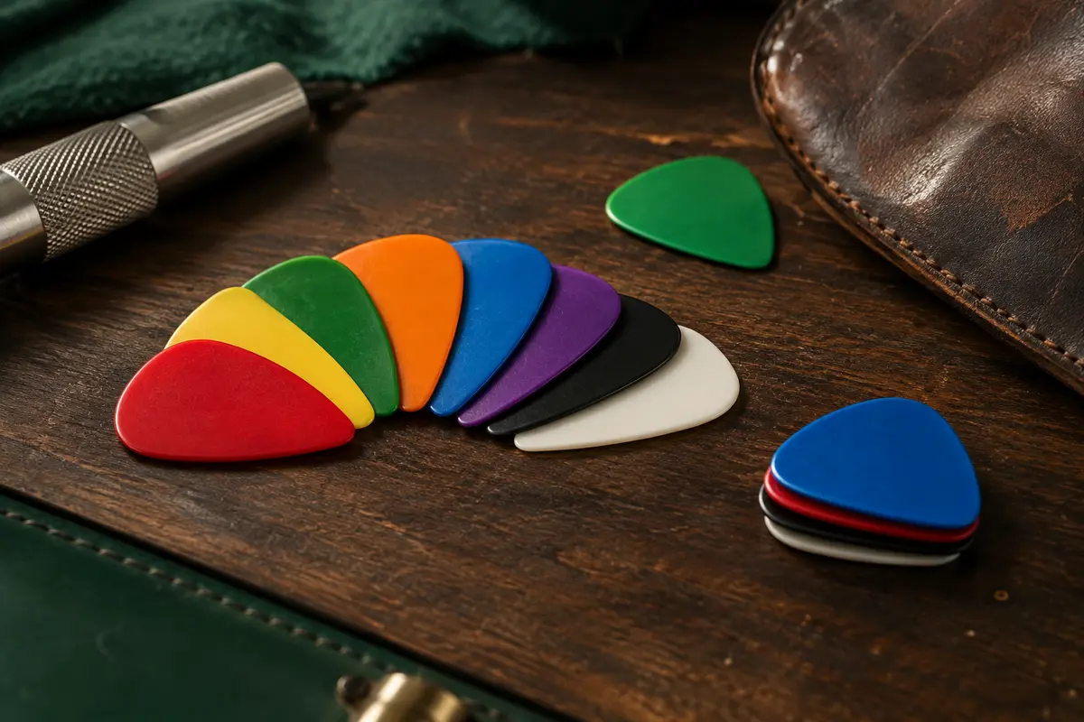 Assortiment de médiators Tiger en plastique, de plusieurs couleurs, disposés sur un établi sombre