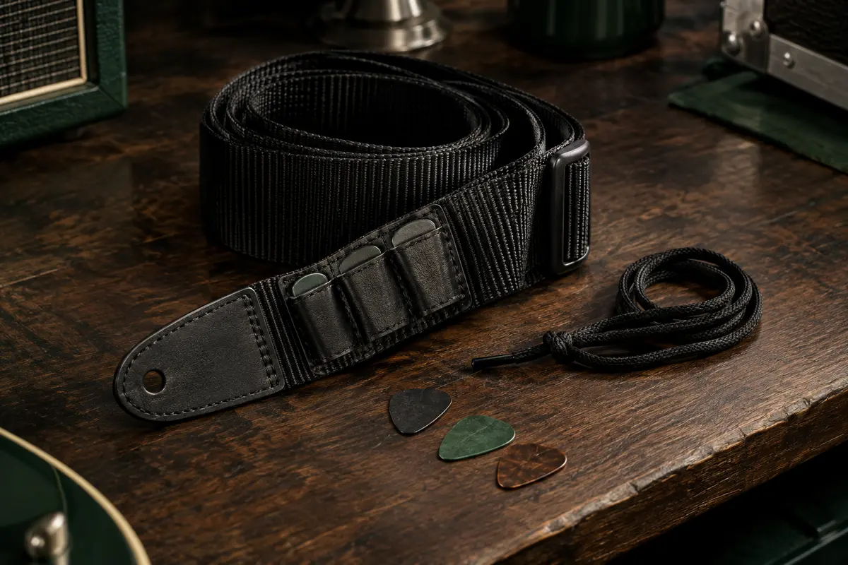 Sangle de guitare Tiger en nylon noir avec trois porte-médiators, trois médiators et un lacet d’attache.