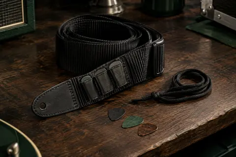 Sangle de guitare Tiger en nylon noir avec trois porte-médiators, trois médiators et un lacet d’attache.